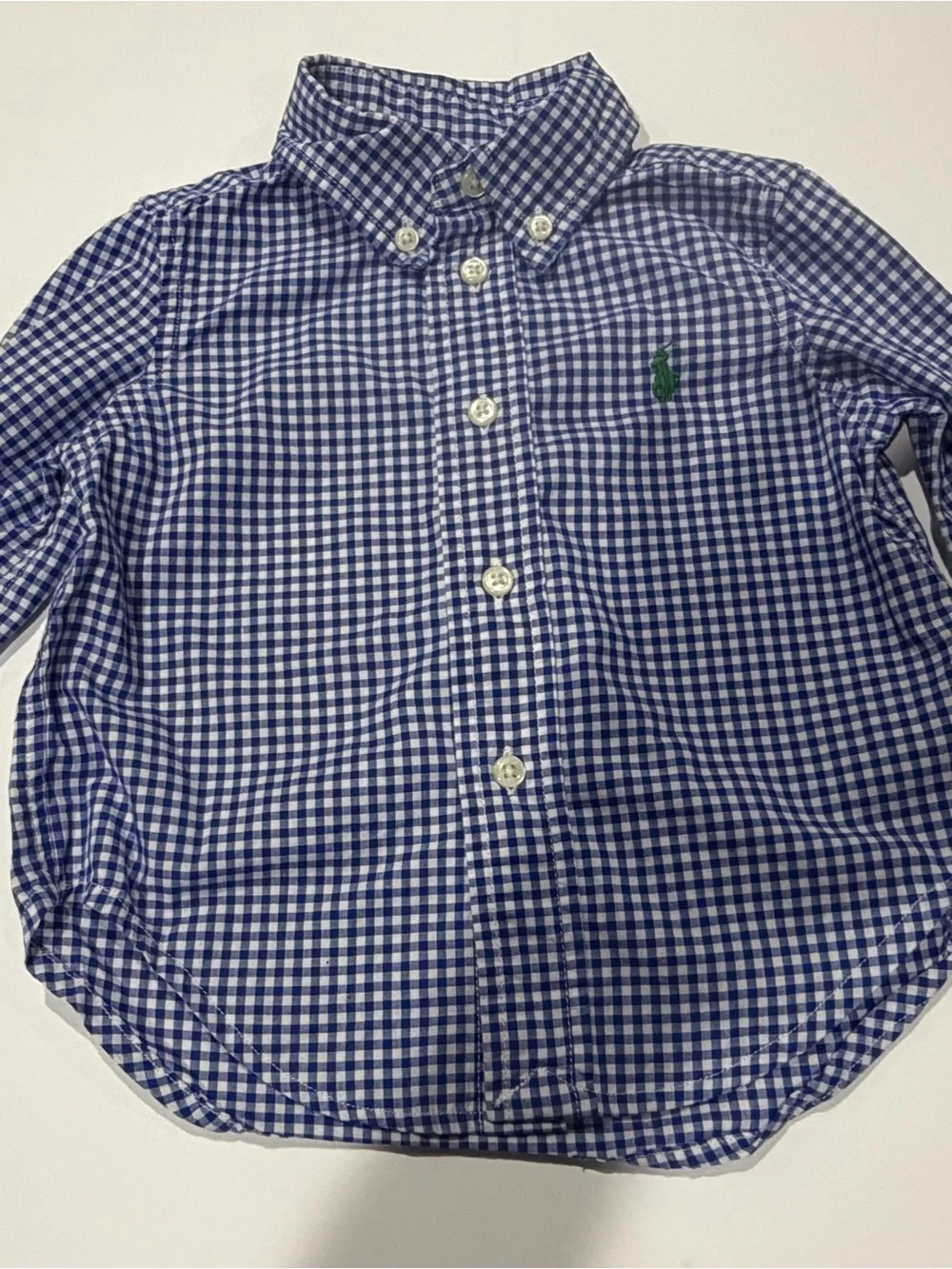 Ralph Lauren Baby Boys Blue Gingham Button Down Shirt 9M Green Pony Logo